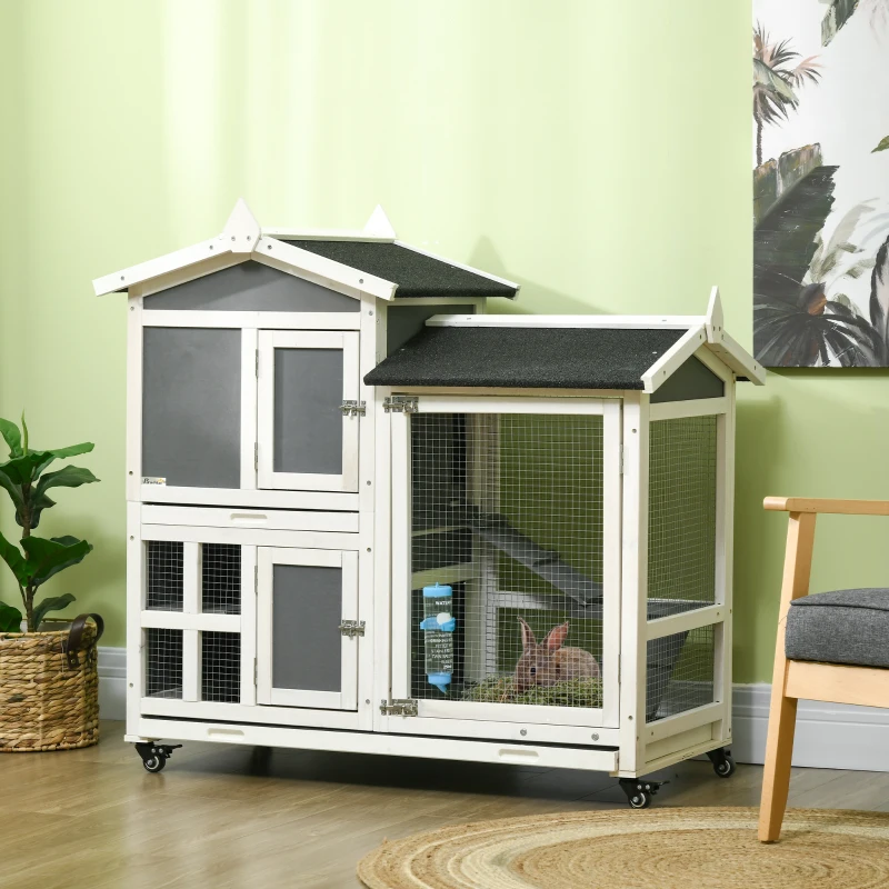 PawHut 43" Indoor Rabbit Hutch with an Extra Hideout, 2-Story Bunny Rabbit Cage Playpen Cottage with Space-Saving Design, Bunny Hutch with Removable Tray, Gray