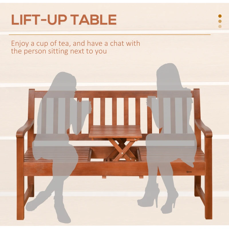 Outsunny Wooden Garden Bench with Pullout Middle Table, Outdoor Loveseat, Patio Bench for Lawn, Yard, Deck and Backyard, Dark Coffee