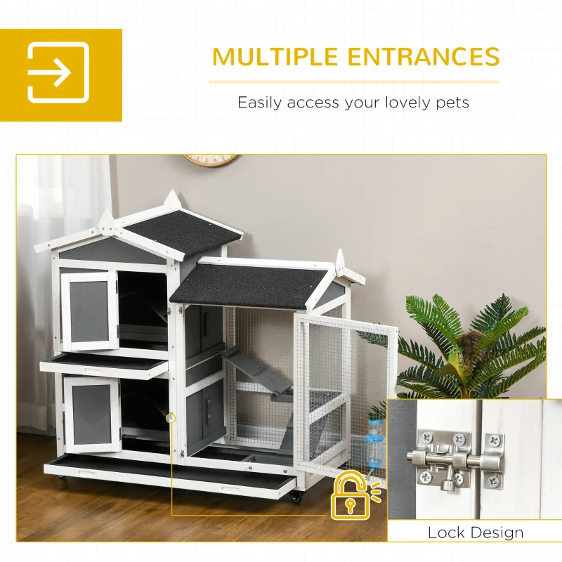 PawHut 43" Indoor Rabbit Hutch with an Extra Hideout, 2-Story Bunny Rabbit Cage Playpen Cottage with Space-Saving Design, Bunny Hutch with Removable Tray, Gray