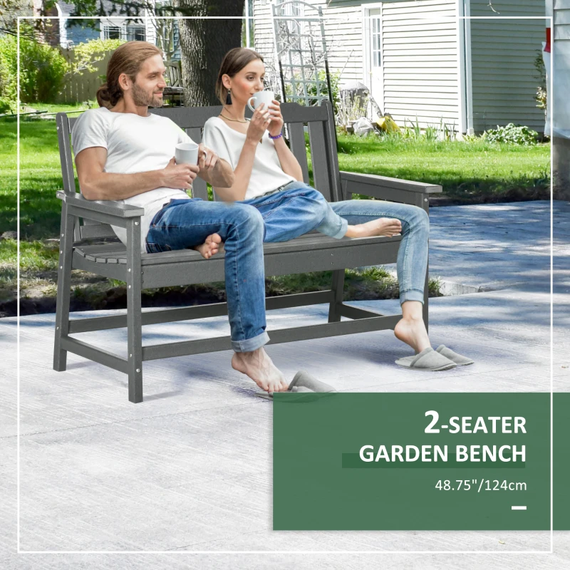 Outsunny Outdoor Bench, 2-Person Park Style Garden Bench with All-Weather HDPE, 704 lbs. Weight Capacity Porch Bench with Slatted Back & Armrests, Dark Gray