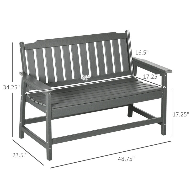 Outsunny Outdoor Bench, 2-Person Park Style Garden Bench with All-Weather HDPE, 704 lbs. Weight Capacity Porch Bench with Slatted Back & Armrests, Dark Gray