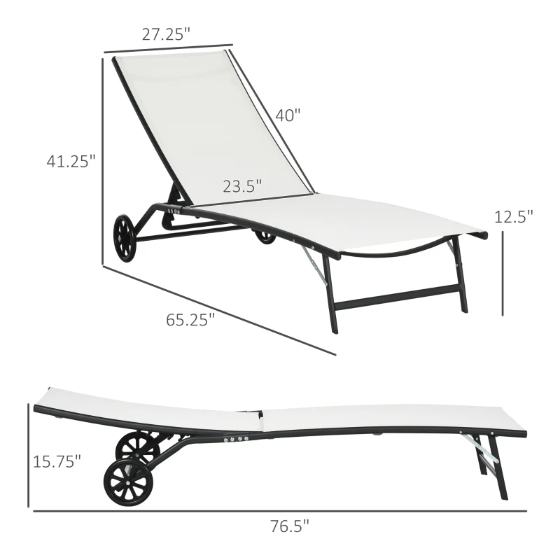 Outsunny Chaise Lounge Outdoor, 2 Piece Lounge Chair with Wheels, Tanning Chair with 5 Adjustable Positions for Patio, Beach, Yard, Pool, Cream White