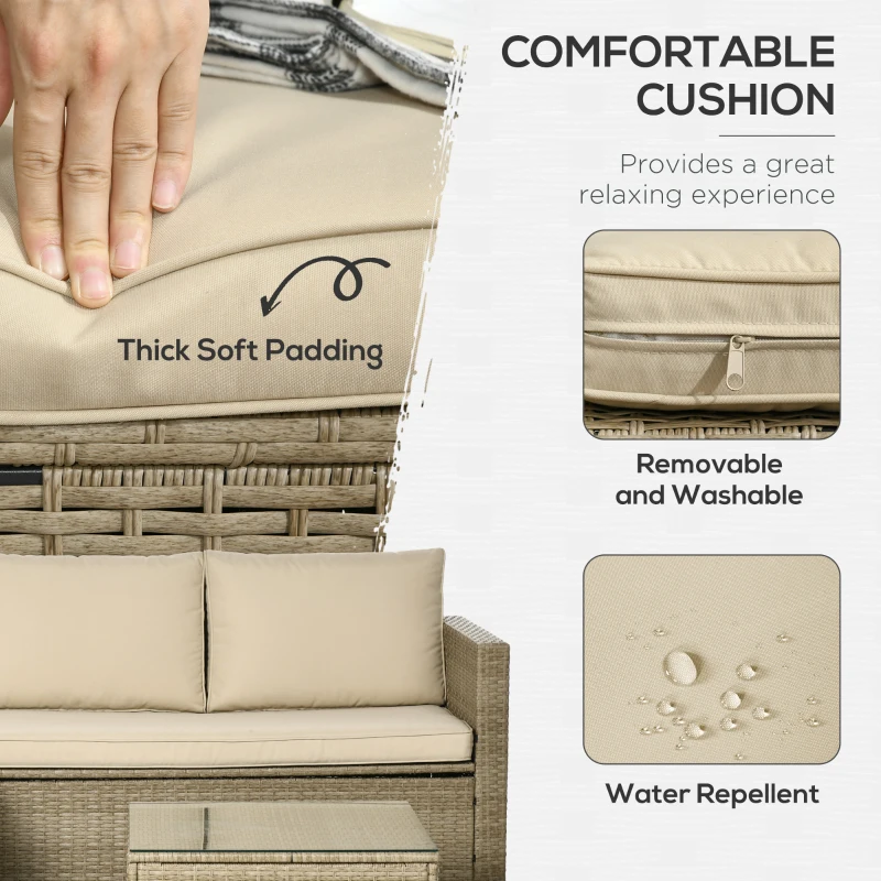 Outsunny 3 Piece Sectional Patio Furniture Set, Outdoor Wicker Rattan Sofa Couch with Table, Storage, 52.75"x30"x29.5", Khaki