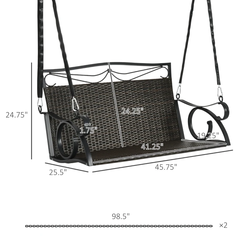 Outsunny PE Wicker Porch Swing, 2-Seater Hanging Swing Bench with Chains, 528 LBS Weight Capacity, Flourishes, Brown