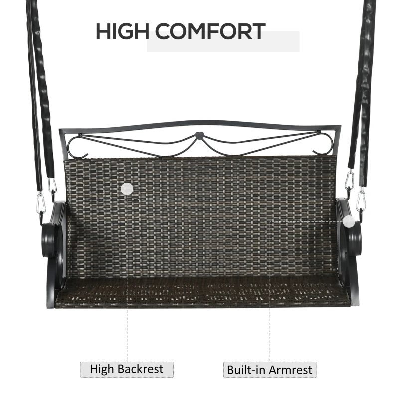 Outsunny PE Wicker Porch Swing, 2-Seater Hanging Swing Bench with Chains, 528 LBS Weight Capacity, Flourishes, Brown
