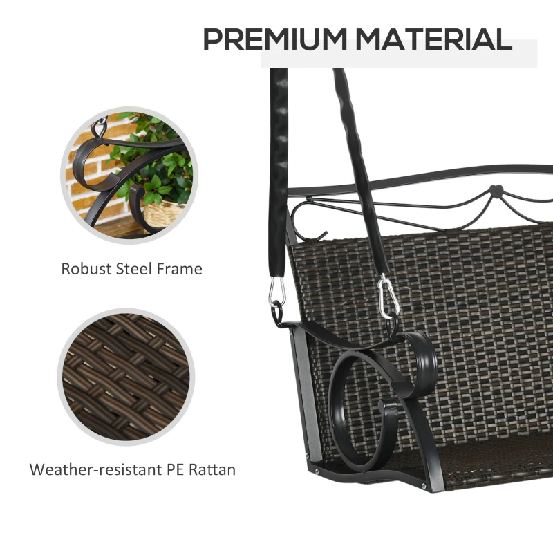 Outsunny PE Wicker Porch Swing, 2-Seater Hanging Swing Bench with Chains, 528 LBS Weight Capacity, Flourishes, Brown