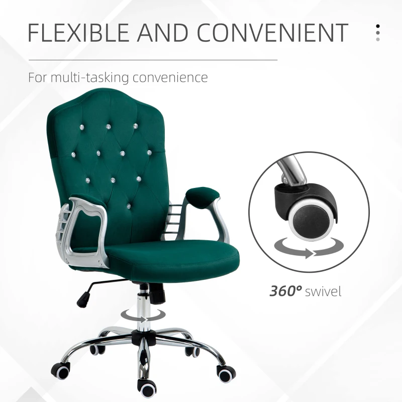 Vinsetto Velvet Office Chair Desk Chair with 360 Degree Swivel Wheels Adjustable Height Tilt Function Dark Green
