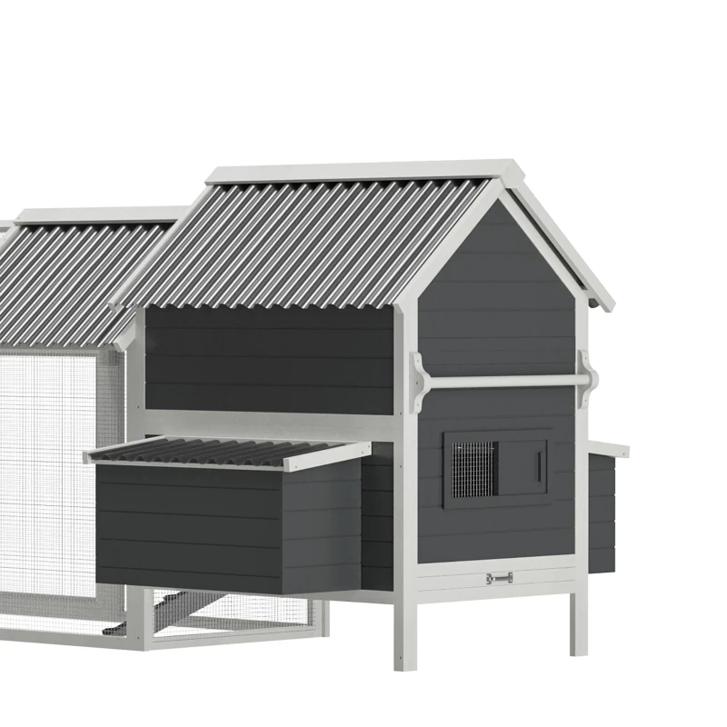 PawHut 162" Large Chicken Coop Wooden for 6-8 Chickens with Handles, Outdoor Chicken Cage Hen House with 2 Nesting Boxes, Water-resistant Roof, Removable Tray, Ramp, Storm Gray