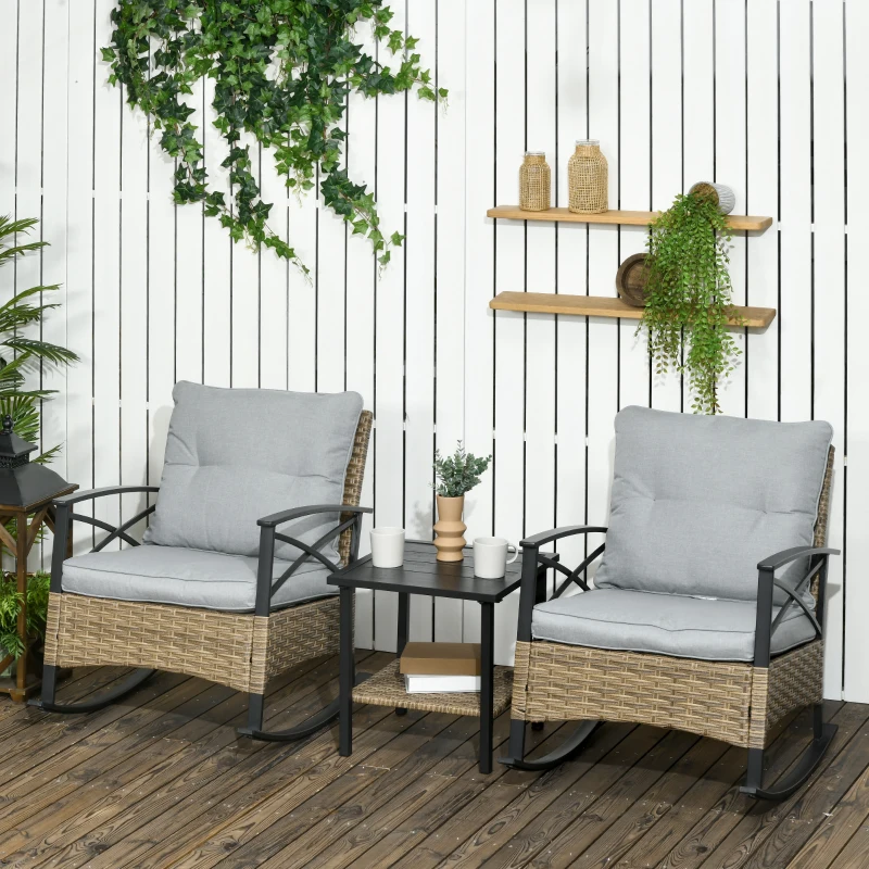Outsunny 3 Piece Patio Rocking Chair Set, Outdoor Wicker Bistro Set with 2 Oversize Cushioned Porch Rockers and 2 Tier Coffee Table for Garden, Porch, Backyard, Light Gray