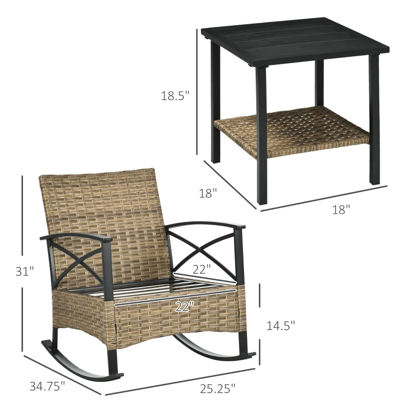 Outsunny 3 Piece Patio Rocking Chair Set, Outdoor Wicker Bistro Set with 2 Oversize Cushioned Porch Rockers and 2 Tier Coffee Table for Garden, Porch, Backyard, Light Gray