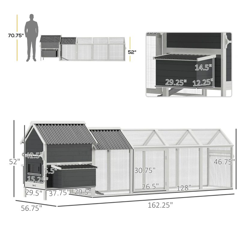 PawHut 162" Large Chicken Coop Wooden for 6-8 Chickens with Handles, Outdoor Chicken Cage Hen House with 2 Nesting Boxes, Water-resistant Roof, Removable Tray, Ramp, Storm Gray