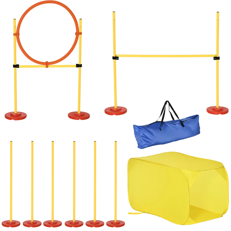 PawHut 4PCs Portable Pet Agility Training Obstacle Set for Dogs w/ Adjustable Weave Pole, Jumping Ring, Adjustable High Jump, Tunnel and Carrying Bag
