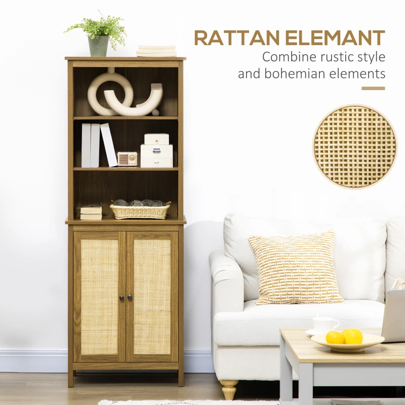 HOMCOM Rustic Bookshelf with Cabinet & Rattan, Tall Bookshelf Library, Wooden Bookcase with Doors and Shelves, Study Living Room Home Office, Walnut