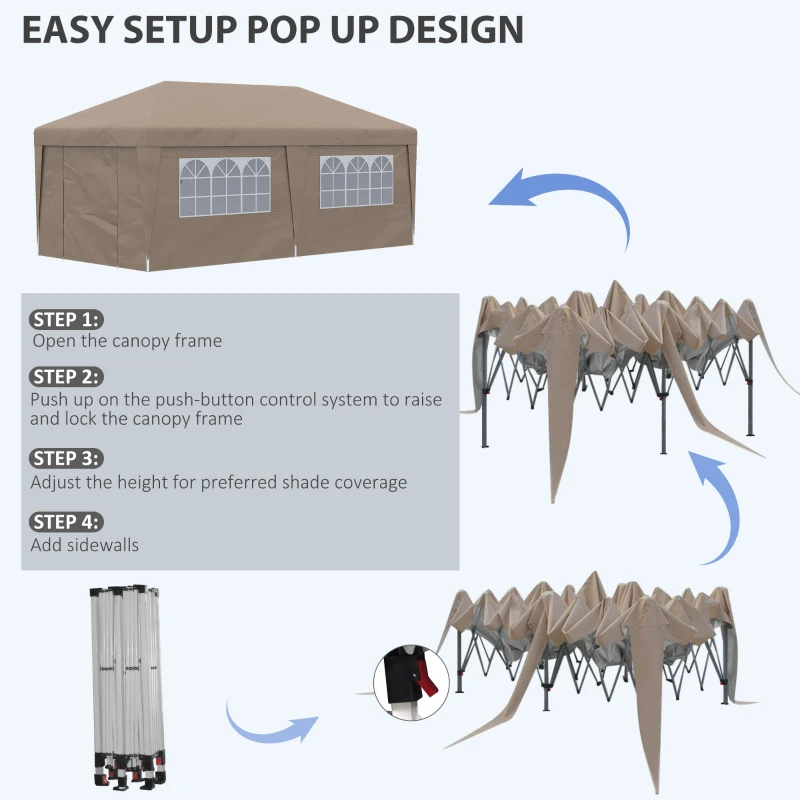 Outsunny 10' x 19.5' Pop Up Canopy Tent Height Adjustable Event Shelter w/ Sidewalls, Leg Weight Bags, Wheeled Carry Bag, Brown