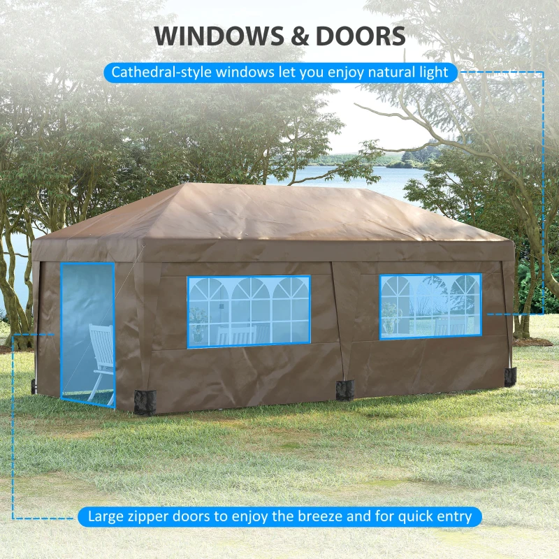 Outsunny 10' x 19.5' Pop Up Canopy Tent Height Adjustable Event Shelter w/ Sidewalls, Leg Weight Bags, Wheeled Carry Bag, Brown