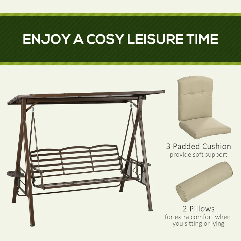 Outsunny 3-Seat Patio Swing Chair, Outdoor Canopy Swing Glider with Cushion, Pillows and Adjustable Polycarbonate Canopy for Porch, Garden, Poolside, Backyard, Khaki
