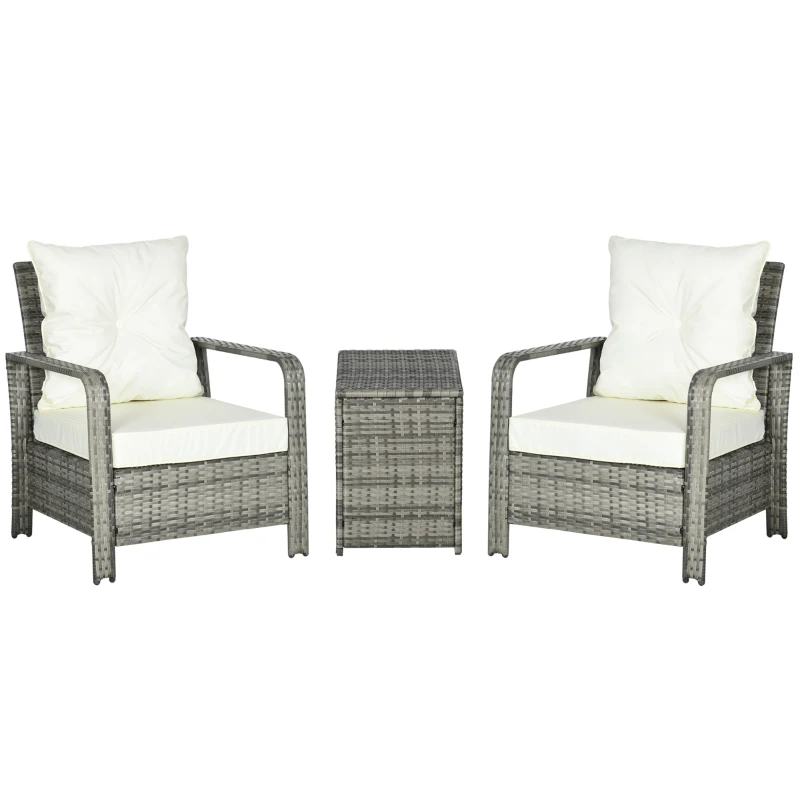 Outsunny 3 Pieces Wicker Patio Furniture Set, Rattan Bistro Set with Storage Coffee Table and Thickened Cushions, Outdoor Conversation Set for Garden, Porch, Balcony, Beige