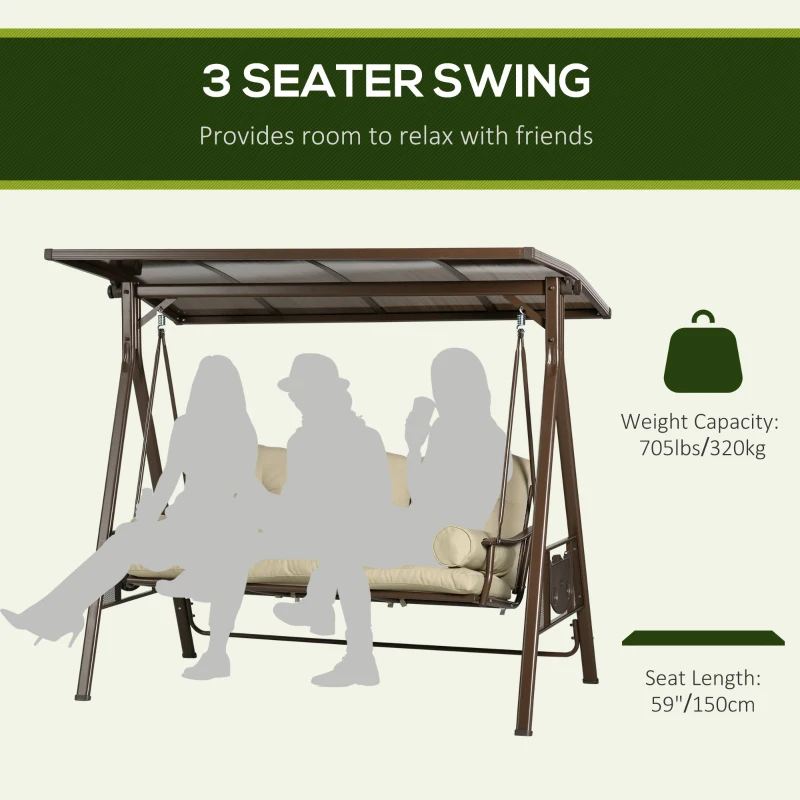 Outsunny 3-Seat Patio Swing Chair, Outdoor Canopy Swing Glider with Cushion, Pillows and Adjustable Polycarbonate Canopy for Porch, Garden, Poolside, Backyard, Khaki