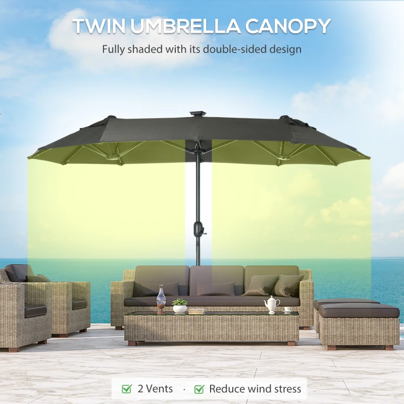Outsunny 10ft Double-sided Patio Umbrella with Solar Lights and Sandbag Base, Outdoor Umbrella with Push Button Tilt, Crank, Air Vents for Garden, Backyard, Deck, Pool, Market, Gray