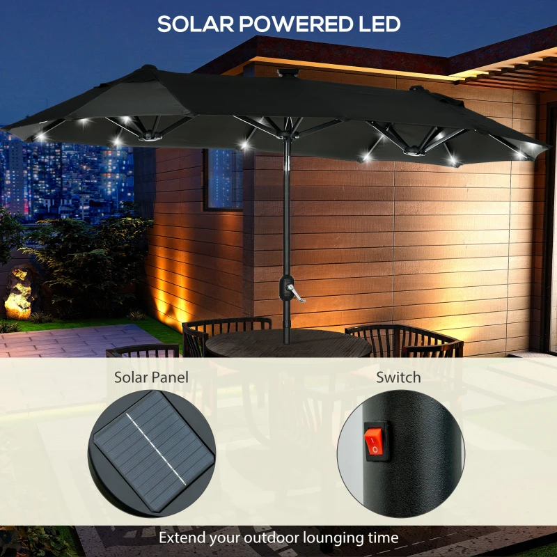 Outsunny 10ft Double-sided Patio Umbrella with Solar Lights and Sandbag Base, Outdoor Umbrella with Push Button Tilt, Crank, Air Vents for Garden, Backyard, Deck, Pool, Market, Gray