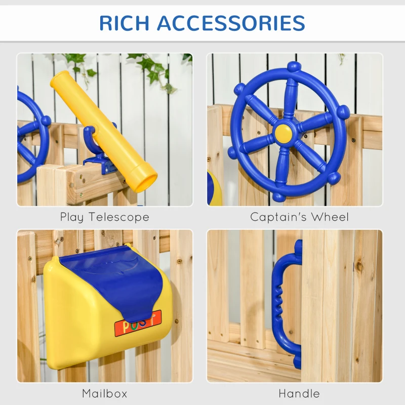 Outsunny Swing Set for Backyard, Wooden Toddler Outdoor Playset with Baby Swing Seat, Kids Slide, Fort, Playground Equipment with Captain's Wheel, Telescope for Ages 1.5-4, Natural