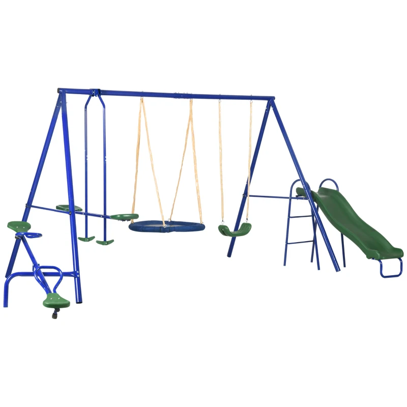 Outsunny 616 lbs Swing Set for Backyard, 5 in 1 Heavy-Duty A-Frame Stand Outdoor Playset for Kids, with Saucer Swing, Slide, Seesaw, Glider, Swing Seat