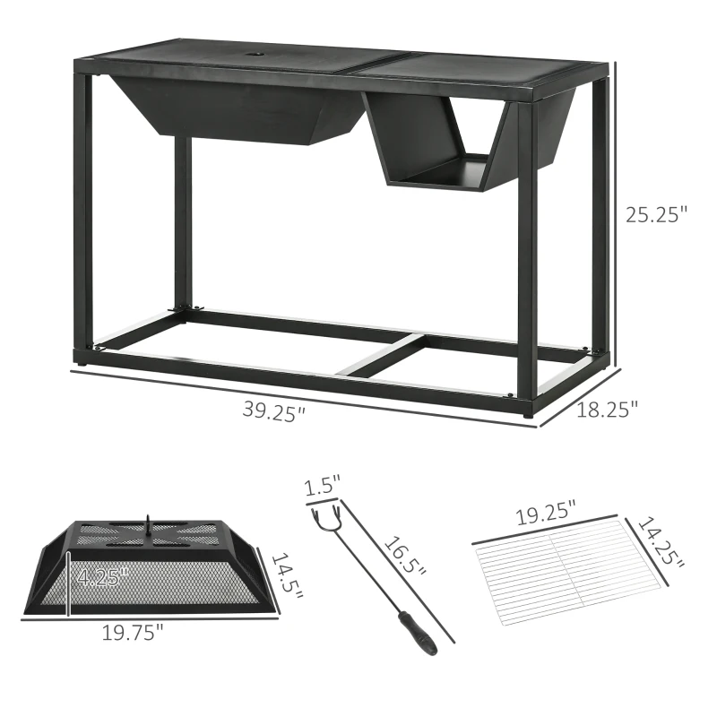 Outsunny 4-in-1 Fire Pit, BBQ Grill, Ice Bucket Cooler, Garden Table, with Cooking Grate, Log Grate & Waterproof Cover, Galvanized Steel Wood-Burning Fireplace with Spark Screen & Poker