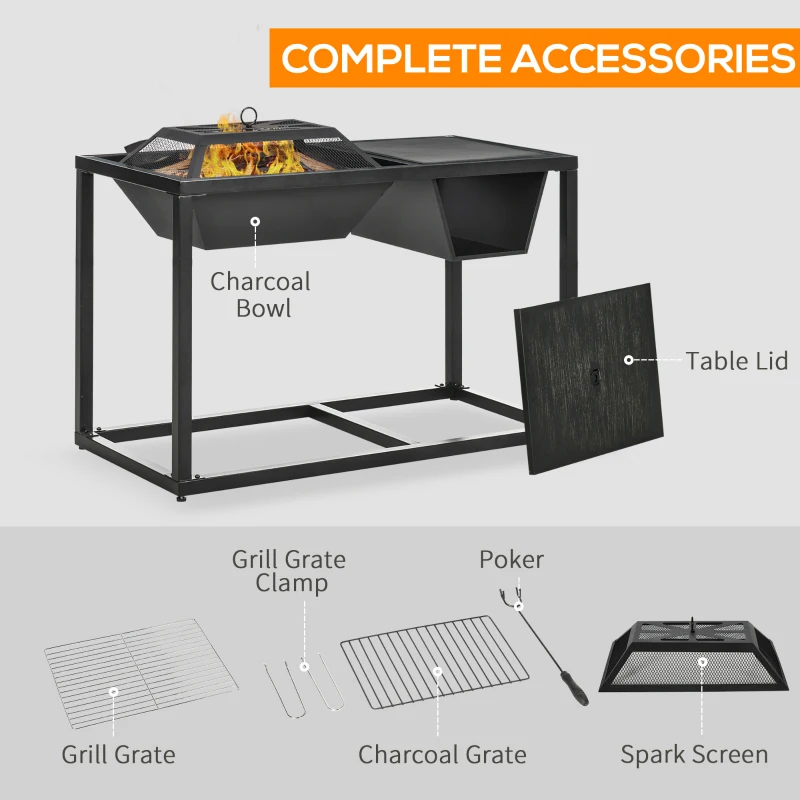 Outsunny 4-in-1 Fire Pit, BBQ Grill, Ice Bucket Cooler, Garden Table, with Cooking Grate, Log Grate & Waterproof Cover, Galvanized Steel Wood-Burning Fireplace with Spark Screen & Poker