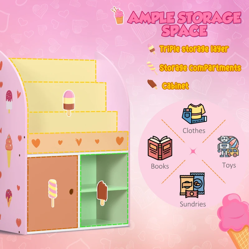 Qaba Toy Storage Organizer, Kids Bookshelf, Freestanding Children Bookcase with Colorful Patterns for Toys, Books, Pink