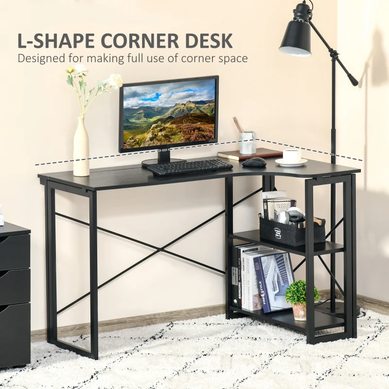 HOMCOM L-Shaped Desk, Folding Computer Corner Desk, Study Table with 2 Shelves, Home Office Workstation  with 2 Shelves, Black