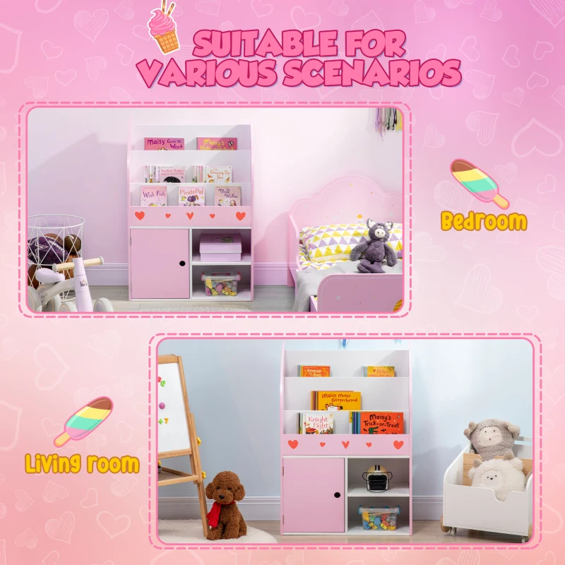 Qaba Toy Storage Organizer, Kids Bookshelf, Freestanding Children Bookcase with Colorful Patterns for Toys, Books, Pink