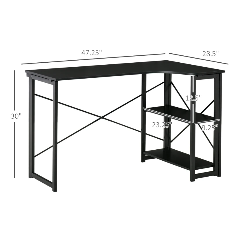 HOMCOM L-Shaped Desk, Folding Computer Corner Desk, Study Table with 2 Shelves, Home Office Workstation  with 2 Shelves, Black