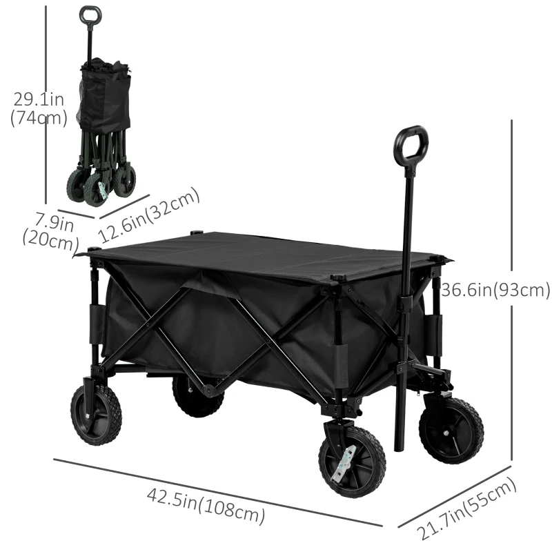 Outsunny Folding Garden Wagon, Collapsible Wagon, Cart with Wheels, Steel Frame and Oxford Fabric, Black