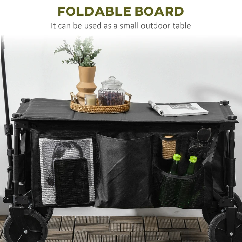 Outsunny Folding Garden Wagon, Collapsible Wagon, Cart with Wheels, Steel Frame and Oxford Fabric, Black