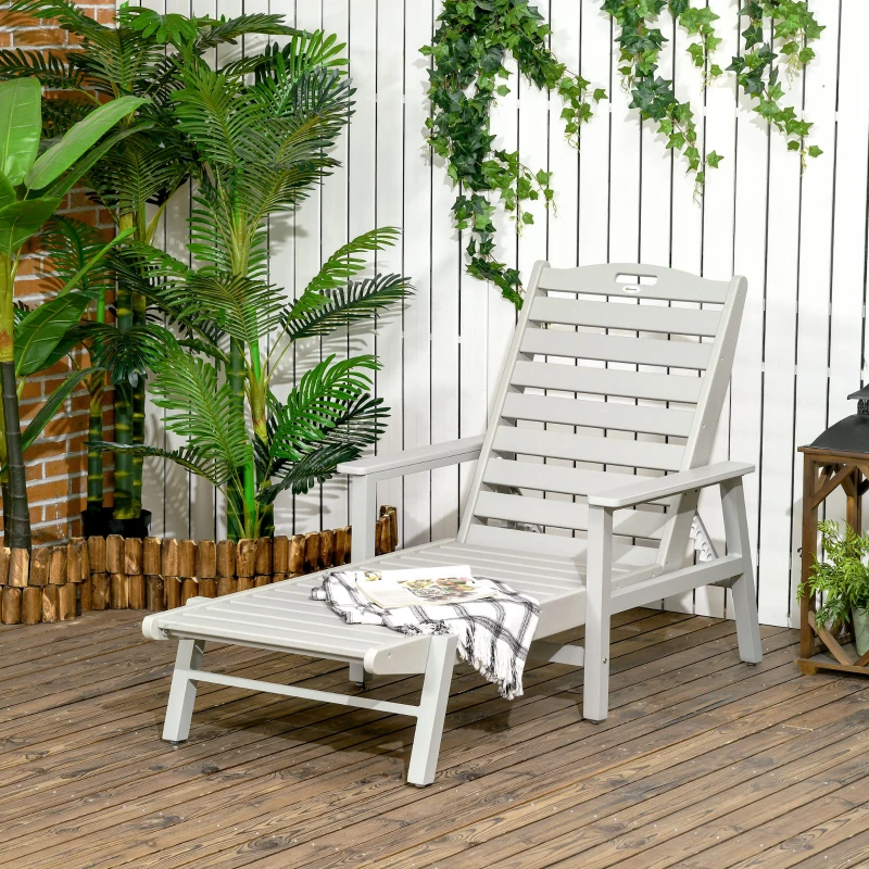 Outsunny Outdoor Chaise Lounge Chair, Heavy-Duty Plastic HDPE Pool Furniture with 5 Positions Reclining Backrest & Aluminum Frame for Beach, Tanning, Poolside, Patio, Light Gray