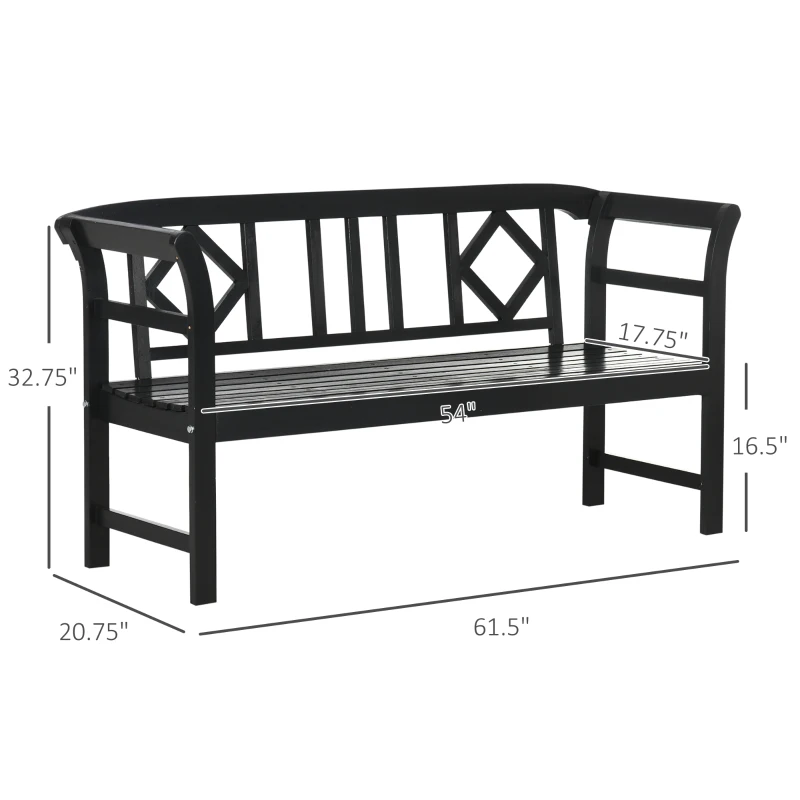 Outsunny Wooden Patio Bench, Outdoor Garden Bench with Backrest and Armrests, 3 Person Porch Bench with Rustic Country Diamond Pattern, Black