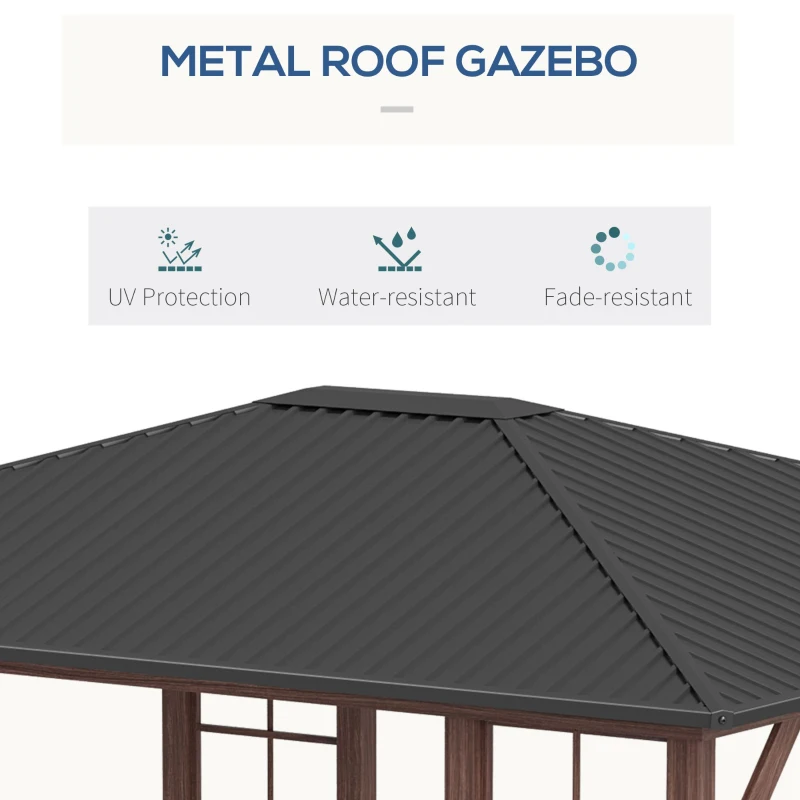 Outsunny 10' x 12' Hardtop Gazebo with Galvanized Steel Roof, Wood Grain Steel Frame, Heavy Duty Permanent Pavilion Outdoor Gazebo, for Garden, Patio, Backyard, Deck, Lawn