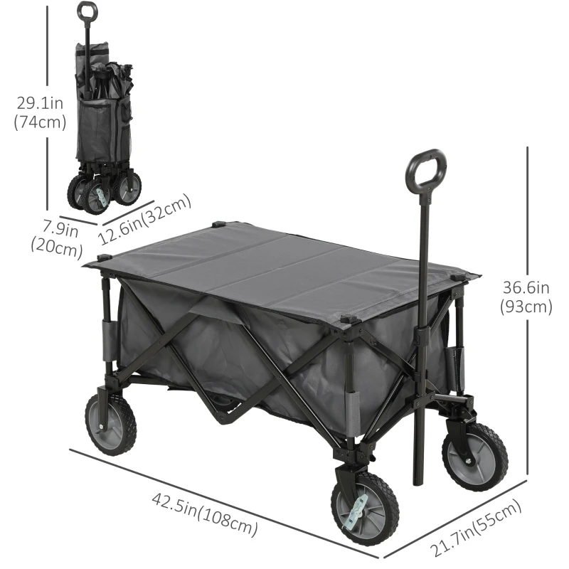 Outsunny Folding Garden Wagon, Collapsible Wagon, Cart with Wheels, Steel Frame and Oxford Fabric, Dark Grey