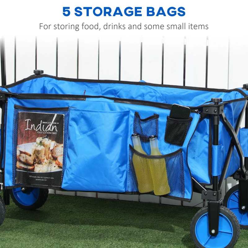 Outsunny Folding Garden Wagon, Collapsible Wagon, Cart with Wheels, Steel Frame and Oxford Fabric, Blue