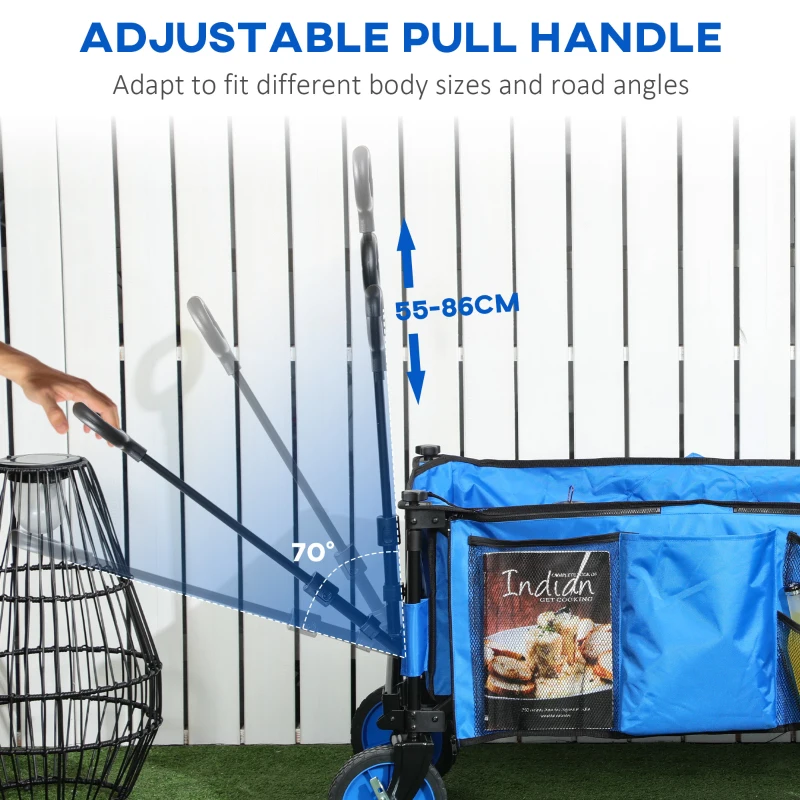Outsunny Folding Garden Wagon, Collapsible Wagon, Cart with Wheels, Steel Frame and Oxford Fabric, Blue