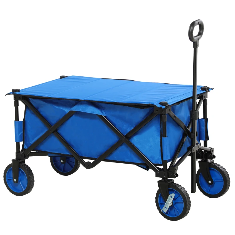 Outsunny Folding Garden Wagon, Collapsible Wagon, Cart with Wheels, Steel Frame and Oxford Fabric, Blue