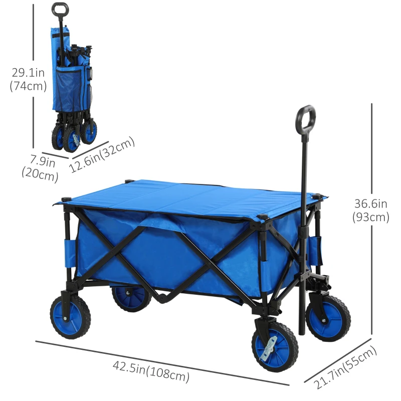 Outsunny Folding Garden Wagon, Collapsible Wagon, Cart with Wheels, Steel Frame and Oxford Fabric, Blue