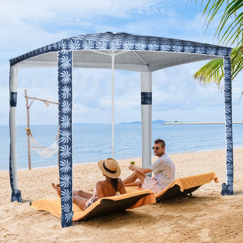 Outsunny Quick Beach Cabana Canopy Umbrella, 8' Easy-Assembly Sun-Shade Shelter with Sandbags and Carry Bag, Cool UV50+ Fits Kids & Family, Blue Coconut Palm