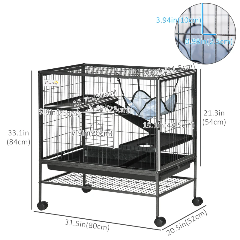 PawHut Small Animal Cage with Hammock, 3-Tier Ferret Cage Removable Tray
