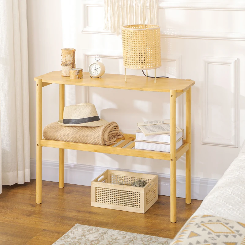 HOMCOM Bamboo Shelf, 2-Tier Storage Shelf, Plant Flower Stand for the Bathroom, Kitchen and Living Room Storage, Natural