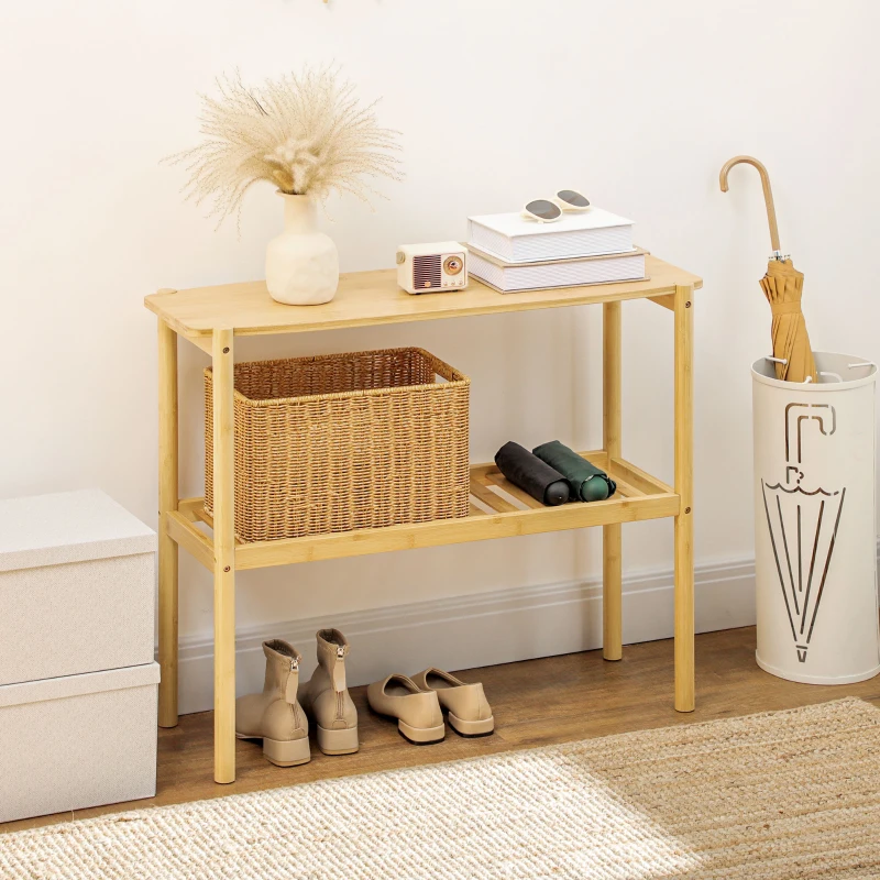 HOMCOM Bamboo Shelf, 2-Tier Storage Shelf, Plant Flower Stand for the Bathroom, Kitchen and Living Room Storage, Natural