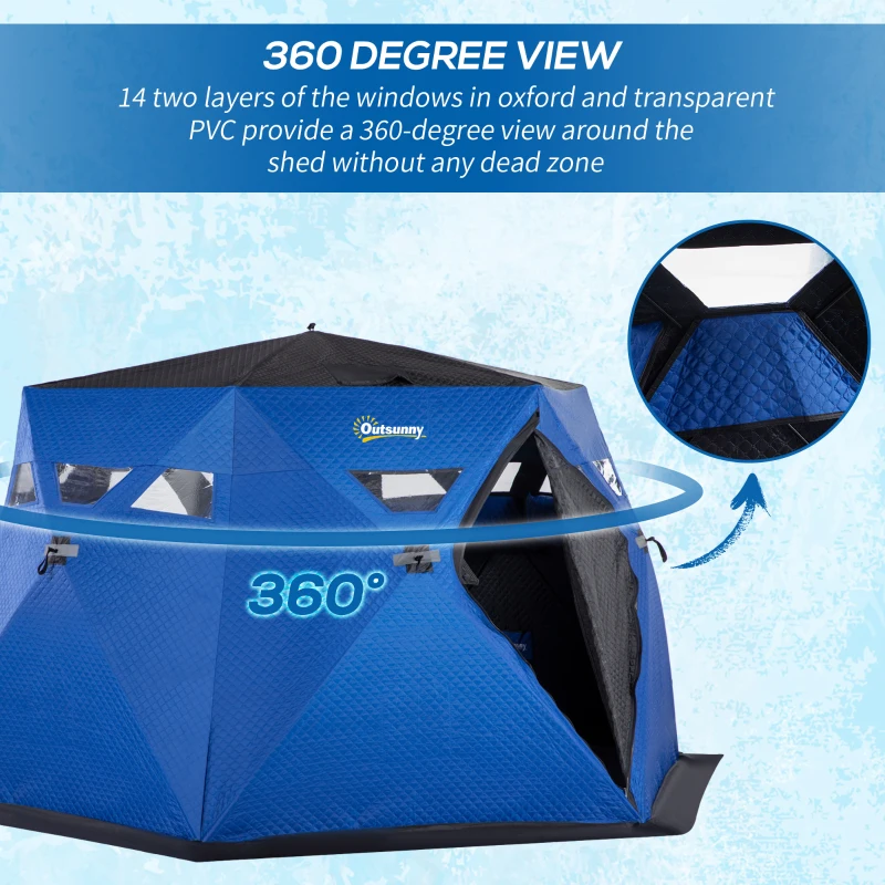 Outsunny 4 Person Insulated Ice Fishing Shelter, 360-Degree View, Pop-Up Portable Ice Fishing Tent with Carry Bag, Two Doors and Anchors for Low-Temp -22℉, Dark Blue