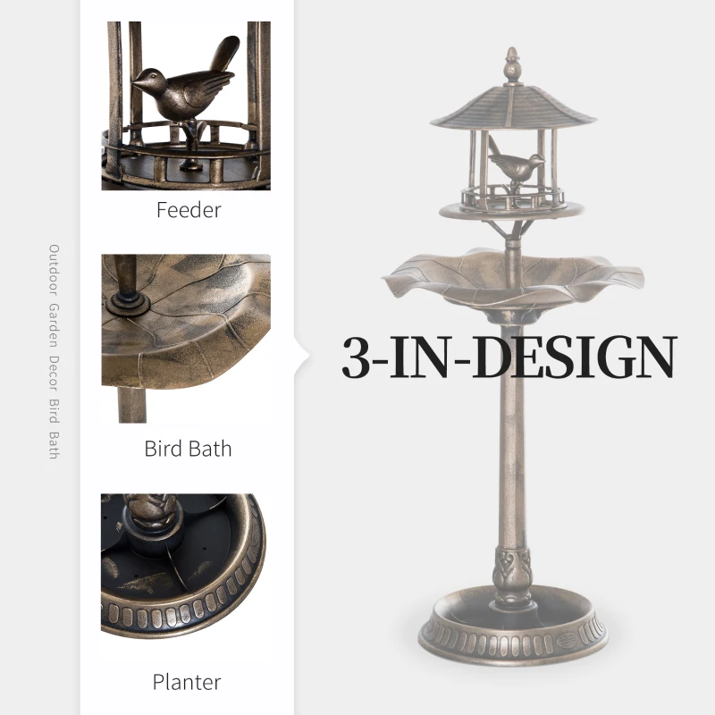Outsunny 3-in-1 Garden Bird Bath Bowl Pedastal with Bird Feeder, Large Water Basin, & Underneath Flower Planter, Gold