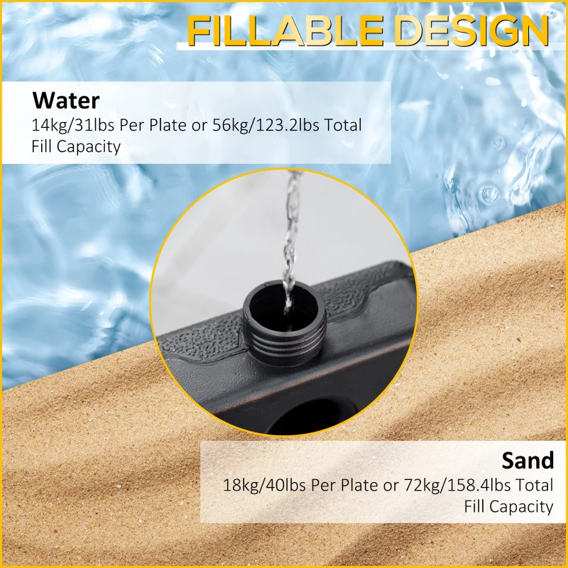 Outsunny 4 Piece Umbrella Base Stand Cantilever Offset Patio Umbrella Weight Plates w/ U Locking, 123 lb Capacity Water or 158 lb Capacity Sand, Black