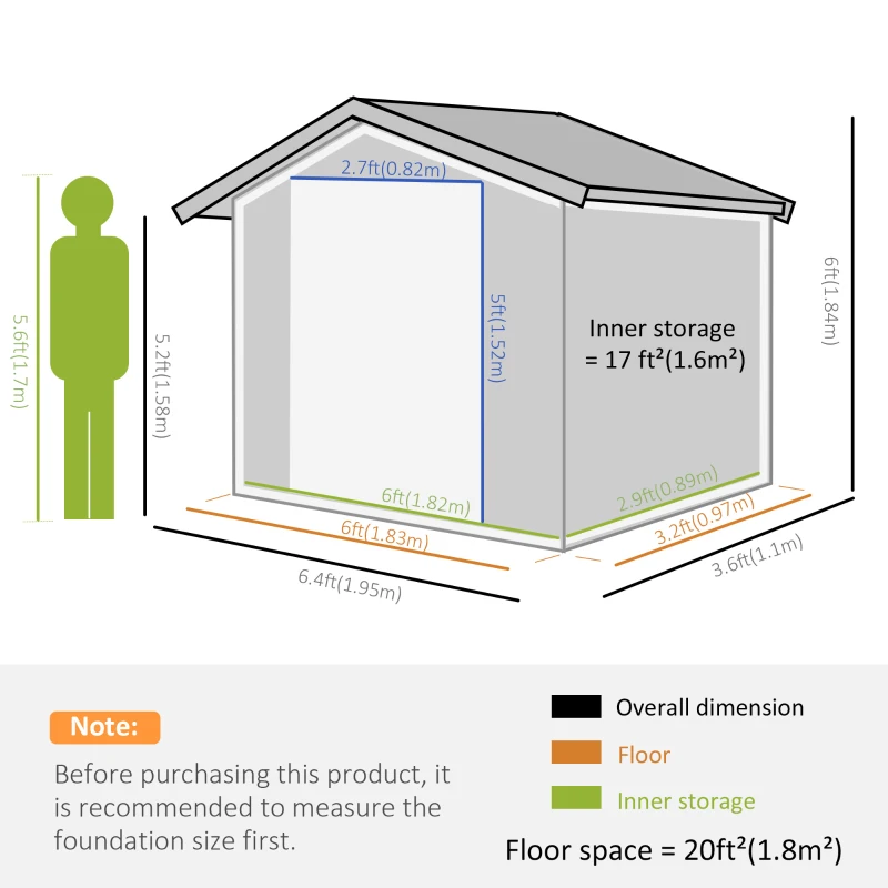 Outsunny 6.4' x 3.6' x 6' Garden Storage Shed Outdoor Patio Yard Metal Tool Storage House w Double Doors Gray